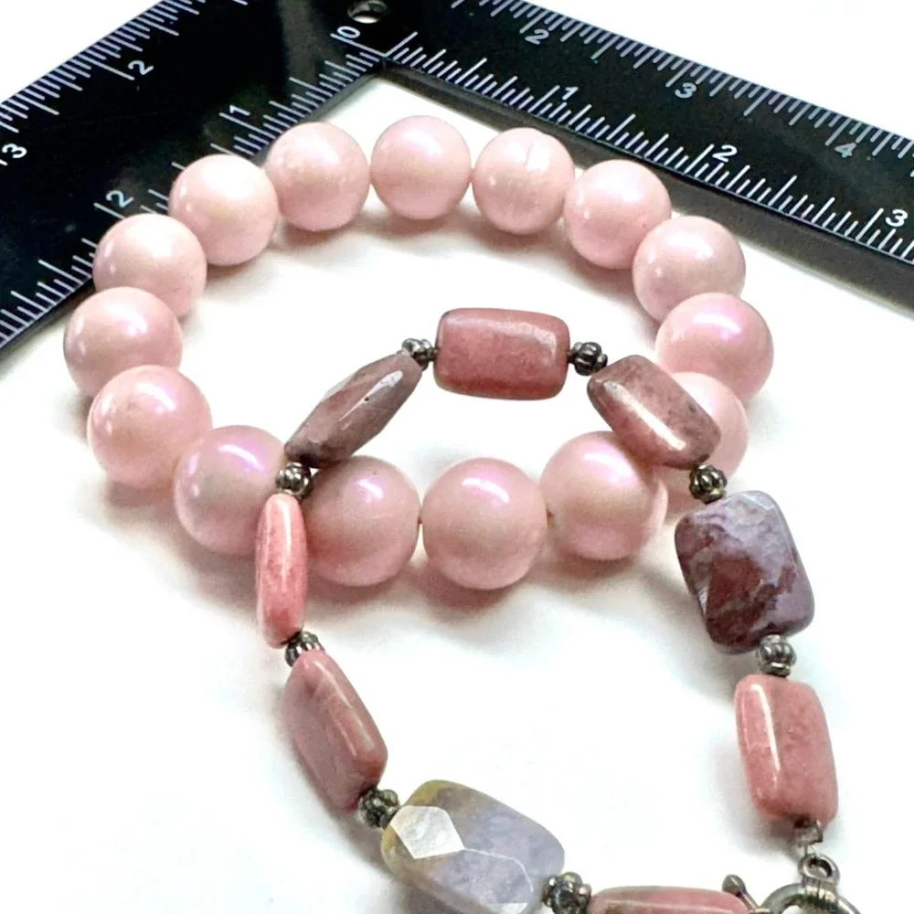 Chunky Pink Round Beads Mixed Gemstone‎ Style Toggle Bracelet Set of Two